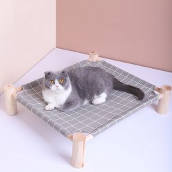 Posłanie dla kota - łóżko, leżanka na drewnianej podstawie - kolor beżowy w białą w kratkę
