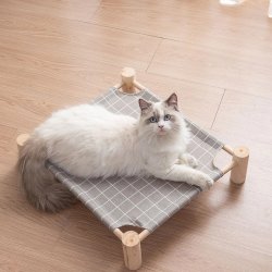 Legowisko dla kota - drewniany hamak - kolor beżowy w białą w kratkę
