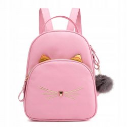 Leather school backpack for a girl - pattern KITTENS, color PINK