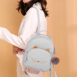 School Backpack For Girls - leather, cat-style, GRAY color
